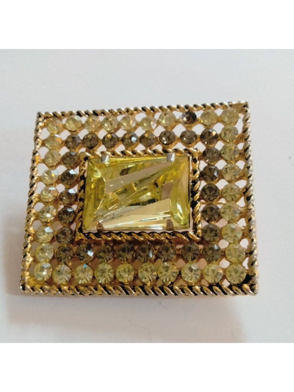 Square Rhinestone Brooch Gold Tone Elegant Vintage Yellow Crystal